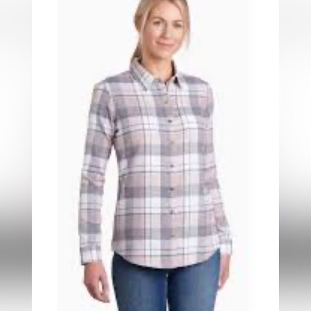 NWT $89 KUHL Women Long Sleeve Button Down Flannel Shirt Cedar Rose Color Large